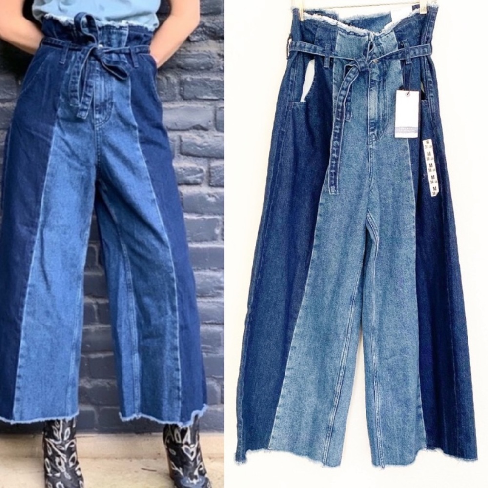 NWT Zara High Waist Paperbag Two Tone Jeans Pant